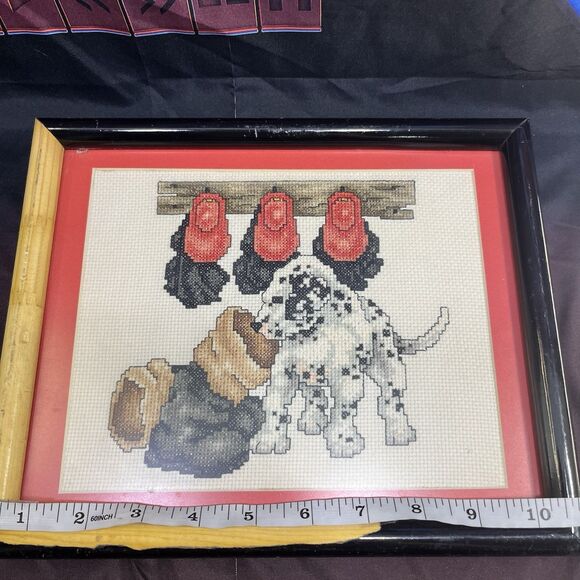 Fireman Boots Hats Dalmatian Dog Completed Needlepoint 10x8 (needs new frame) - Picture 4 of 5